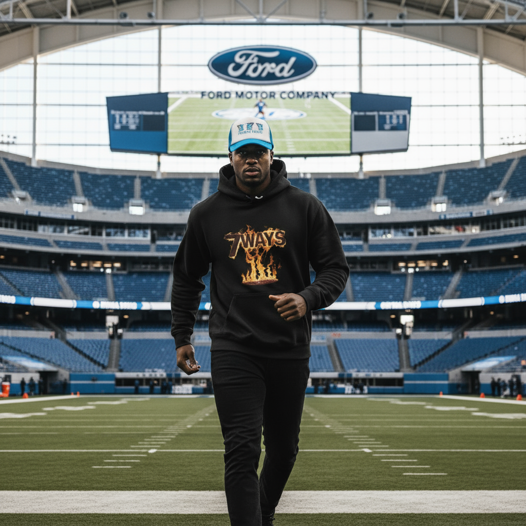 Person wearing 7WAYS hoodie and trucker hat action shot at Ford Field