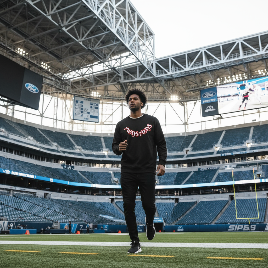 Sweatshirt with 7WAYS 7DAYS logo action shot at Ford Field