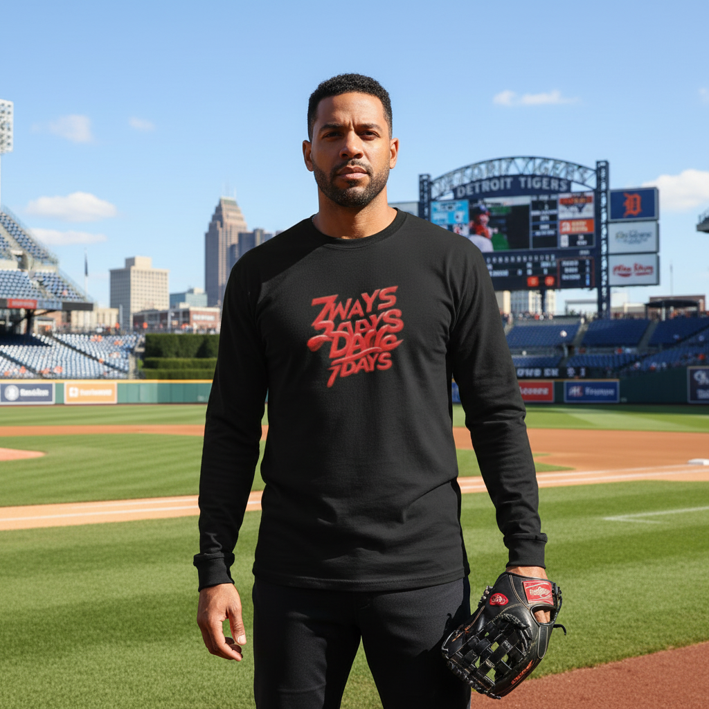 Detroit Tigers player wearing 7WAYS long sleeve at Comerica Park